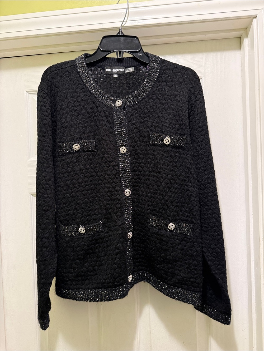 Karl Lagerfeld Paris XL Black Embellished Merino Wool Cardigan NWT